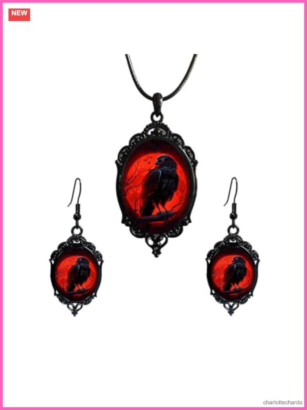 Gothic Glass Cameo Jewelry Set Raven Earrings Necklace Halloween Costume